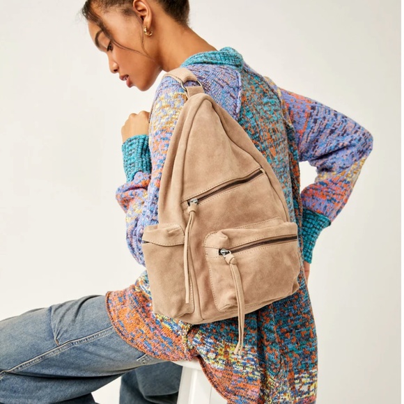 NWT- Free People Oxford Style Suede Sling Bag in Mushroom - Picture 2 of 14